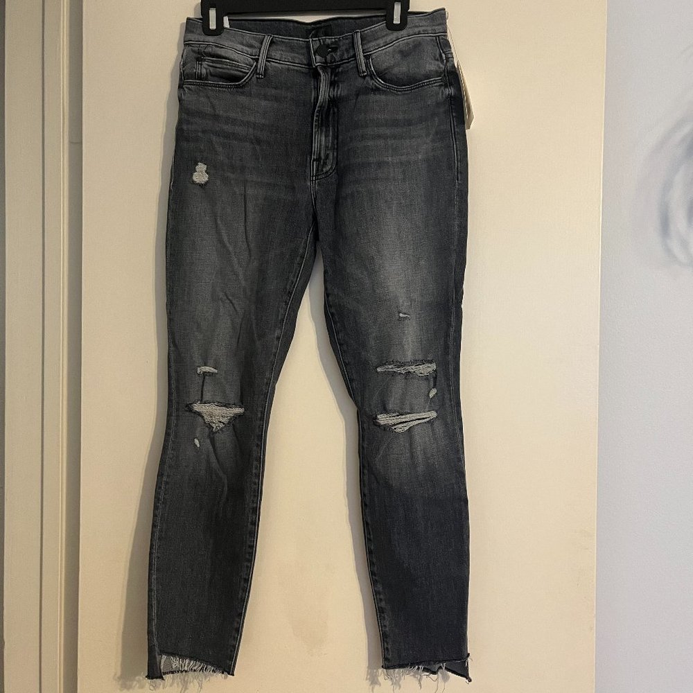 MOTHER Skinny Distressed Jeans in Washed Black